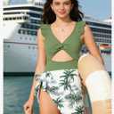 Girls One Piece Swimsuit Cut Out Ruffle Bathing Suit Twist V Neck Swimwear Solid Color with Cover Up Skirt, 15-16Y