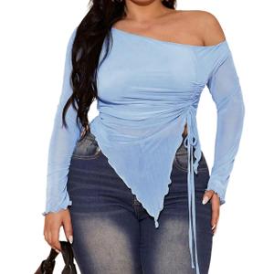 Women's Plus Size Sheer Mesh Off Shoulder Tops Long Sleeve Drawstring Asymmetrical Hem Ruched T Shirt, XXL