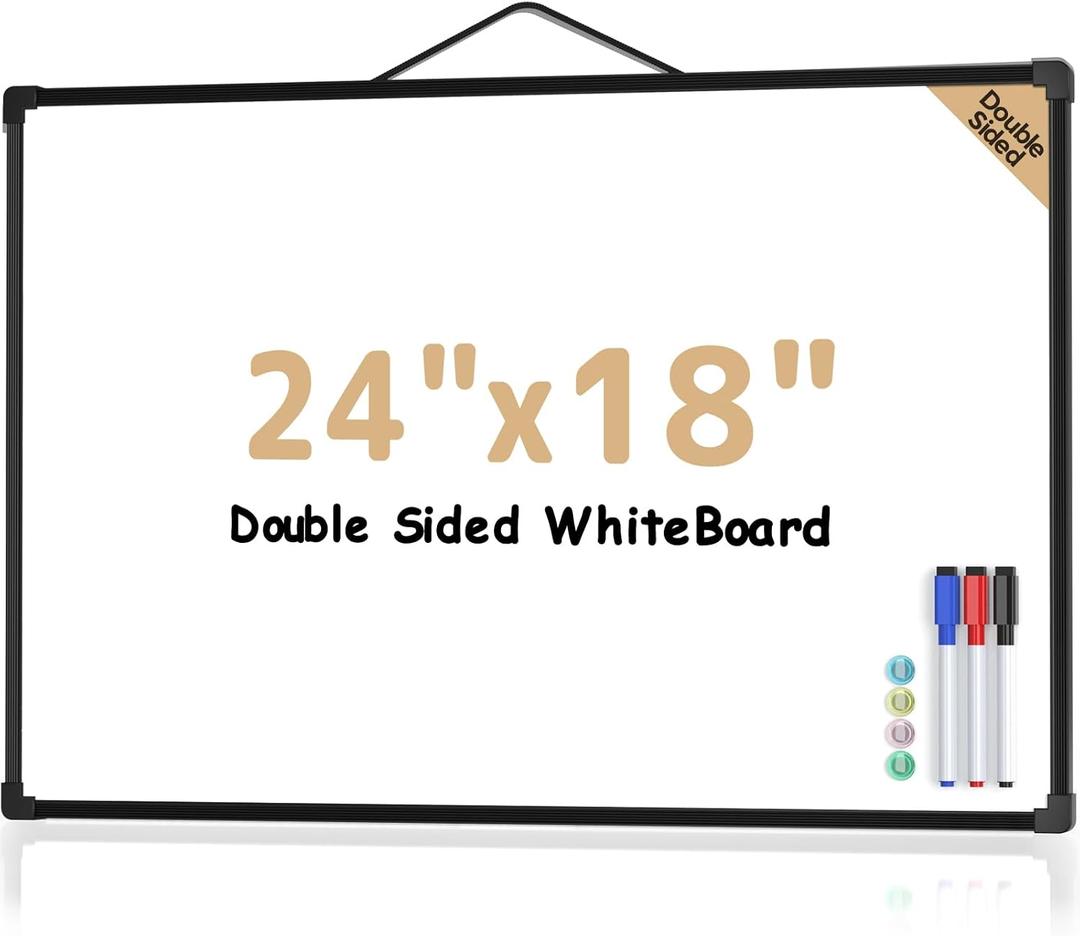 MaxGear White Board for Wall 24" x 18", Double Sided Dry Erase Board, Magnetic White Board Hanging Whiteboard for Home, School, Office, Black Frame