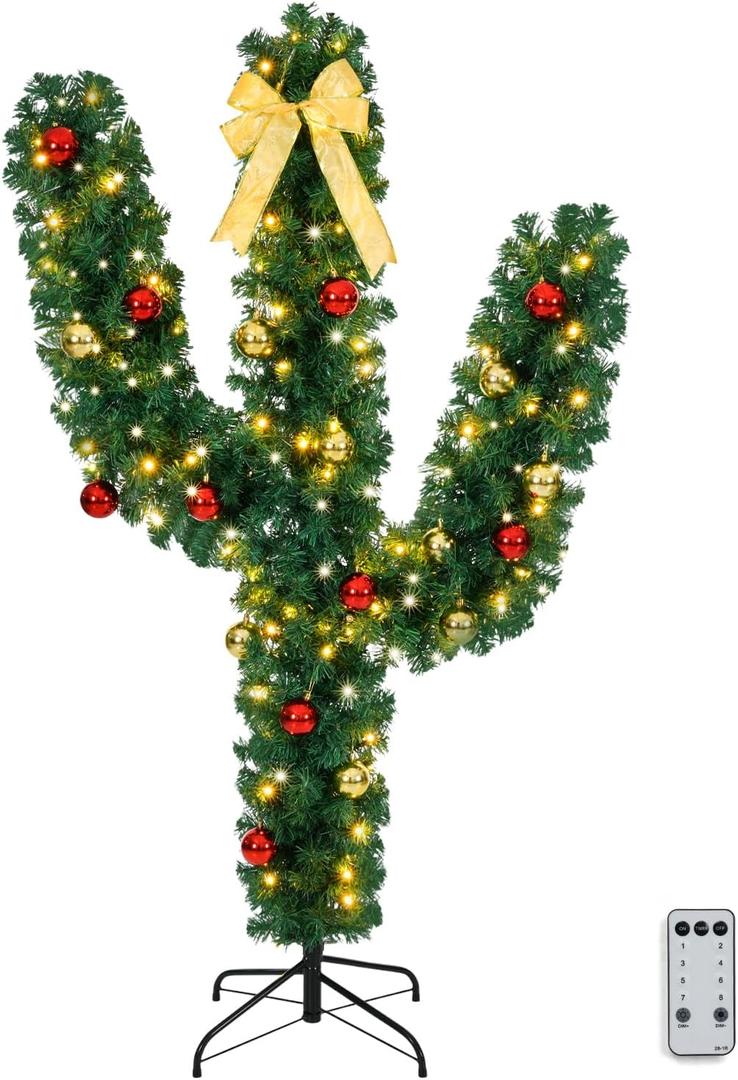 VINGLI 5ft Pre-Lit Artificial Cactus Christmas Tree w/ 110 LED Lights & 400 Tips, Perfect for Holiday, Party, and Home Decoration (3ft 11in, Green)