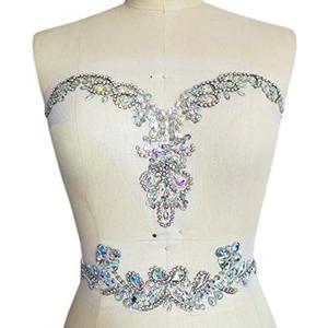 Handmade Beaded V-Neck Sequin Sew On Neckline Rhinestone Crystal Trim Bridal Applique Design Patch Sewing for Wedding Dresses DIY Belt Decoration (AB)