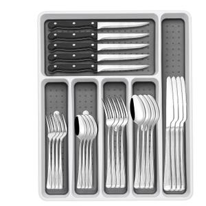 49-Piece Silverware Set with Organizer, Food-Grade Stainless Steel Flatware for 8, Cutlery Utensil Sets with Steak Knives, Rust-proof, Mirror Polished, Dishwasher Safe, Silver Roman Column