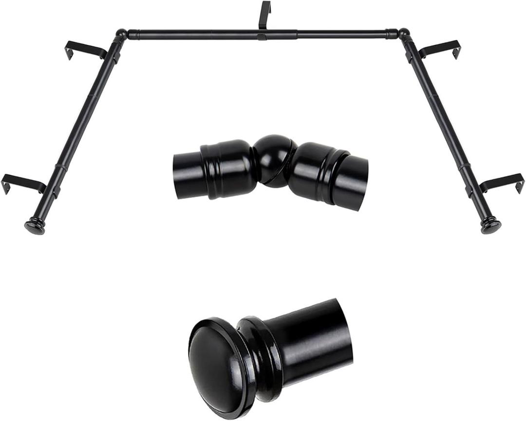 TONIAL Bay Window Curtain Rods, 36 to 72 Inch Center Rod for Windows, 20 to 36 Inch Side Rods for Window 3/4 Inch Decoratice Drapery Rods with Small Cap End, Black