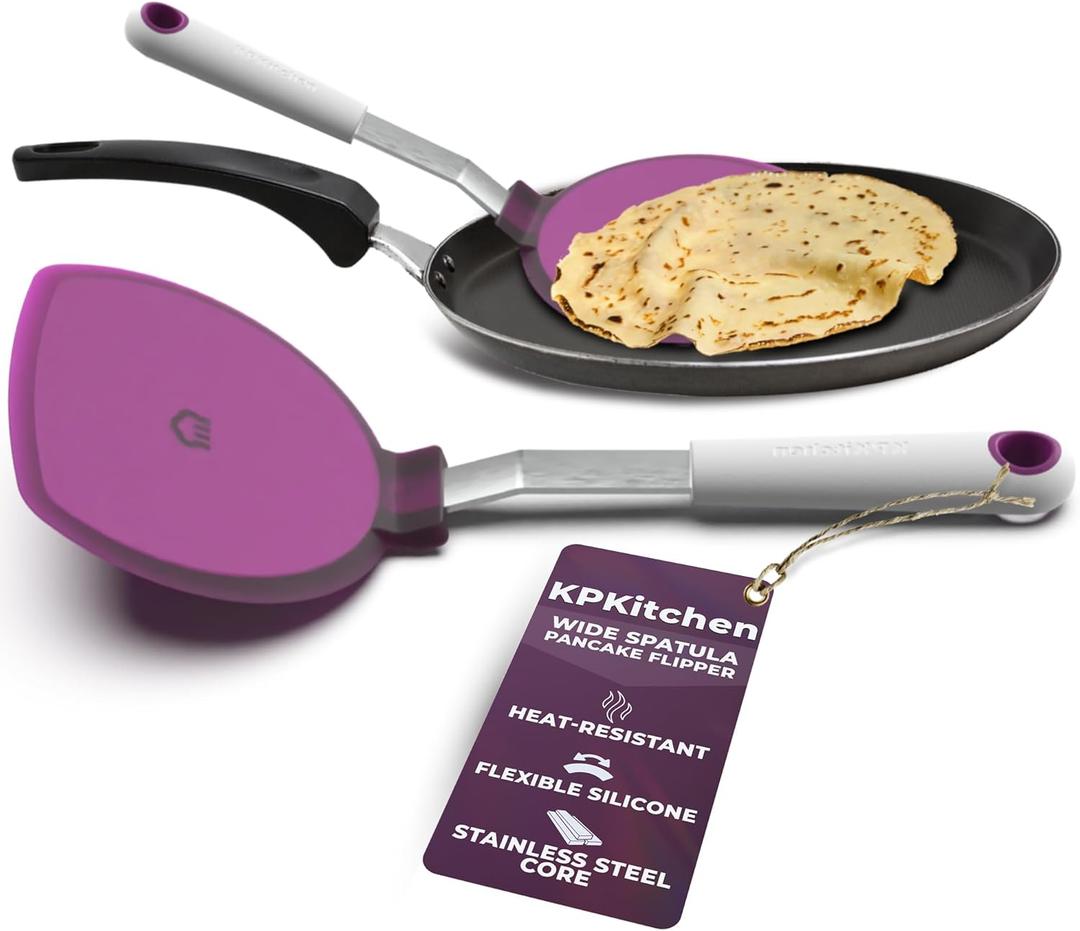Wide Pancake Spatula Flipper - Heat Resistant Extra Large Silicone Turner for Non-Stick Cookware & Griddle - Perfect for Crepes & Eggs - Ideal Big Baking Tool for Women Who Love to Bake by KPKitchen