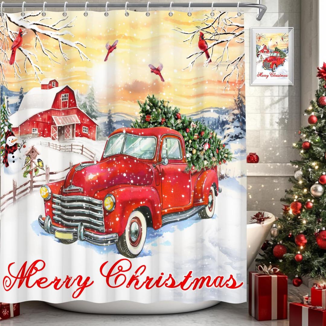 Canessioa Merry Christmas Shower Curtain Red Truck Farmhouse Red Barn Shower Curtains Red Birds Xmas Tree Snowman Winter Snow Mountain Shower Curtain Sets for Bathroom 72x72 in with 12 Hooks (Yellow)