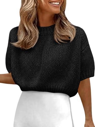 Fisoew Womens Cropped Knit Shirts Casual Puff Short Sleeve Crewneck Solid Loose Lightweight Crop Sweaters Black L