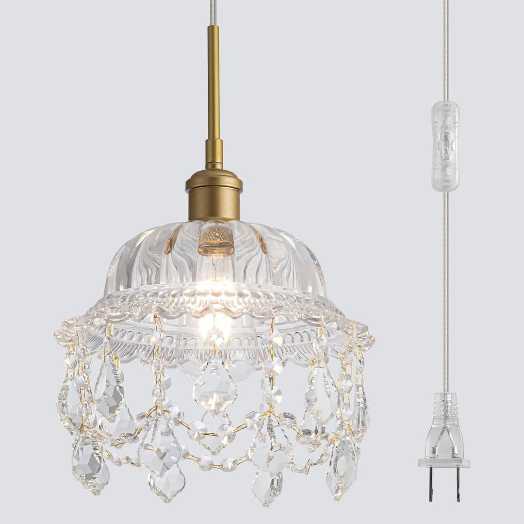 Modern Glass Plug in Pendant Light with Crystal Vintage Mini Glass Hanging Light with 14.76ft Plug in Cord 9.8" Crystal Pendant Lighting for Kitchen Island, Bedroom, Dining Room, Hallway