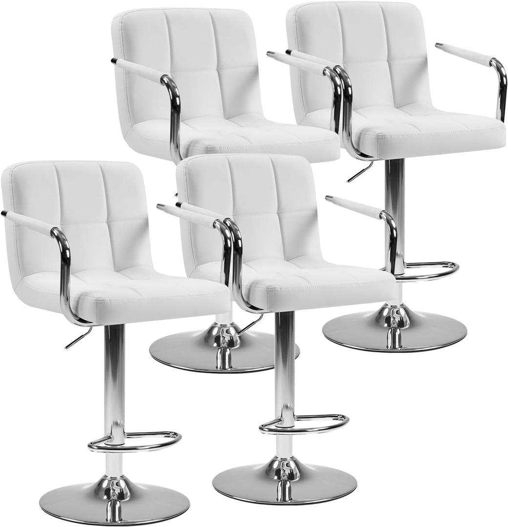 DUMOS Bar Stools Set of 4, Adjustable Swivel Bar Chairs with Padded Armrests and Ergonomic Backrest for Kitchen Island Counter Pub Dining Room, Water-Resistant PU Leather, White