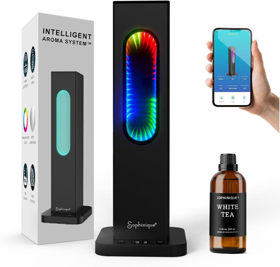 Waterless Oil Diffuser 1000 Sq Ft Coverage, Scent Diffusers for Home 3 Dynamic Gradient Modes with 7 Lights Hotel Collection Rechargeable with 100ml White Tea Lux Essential Oil,App Control