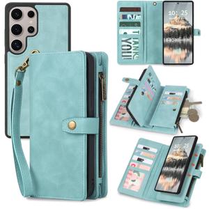 TwoHead for Samsung Galaxy S25 Ultra Wallet Case with Card Holder, Detachable Magnetic Phone Case for S25 Ultra,PU Leather All-Round Protective Phone Case Wallet with Wrist Strap,Blue