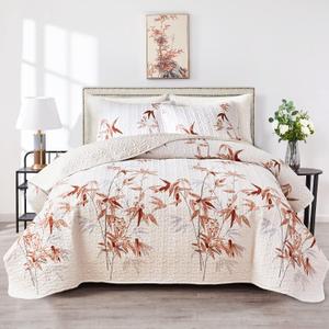 Botanical Quilt Set 3 Pieces King, Burnt Orange Leaves on White Design Reversible Bedspread Coverlet Set, Soft Microfiber Lightweight Bed Cover for All Season (102" x 90", 1 Quilt+ 2 Pillow Shams)
