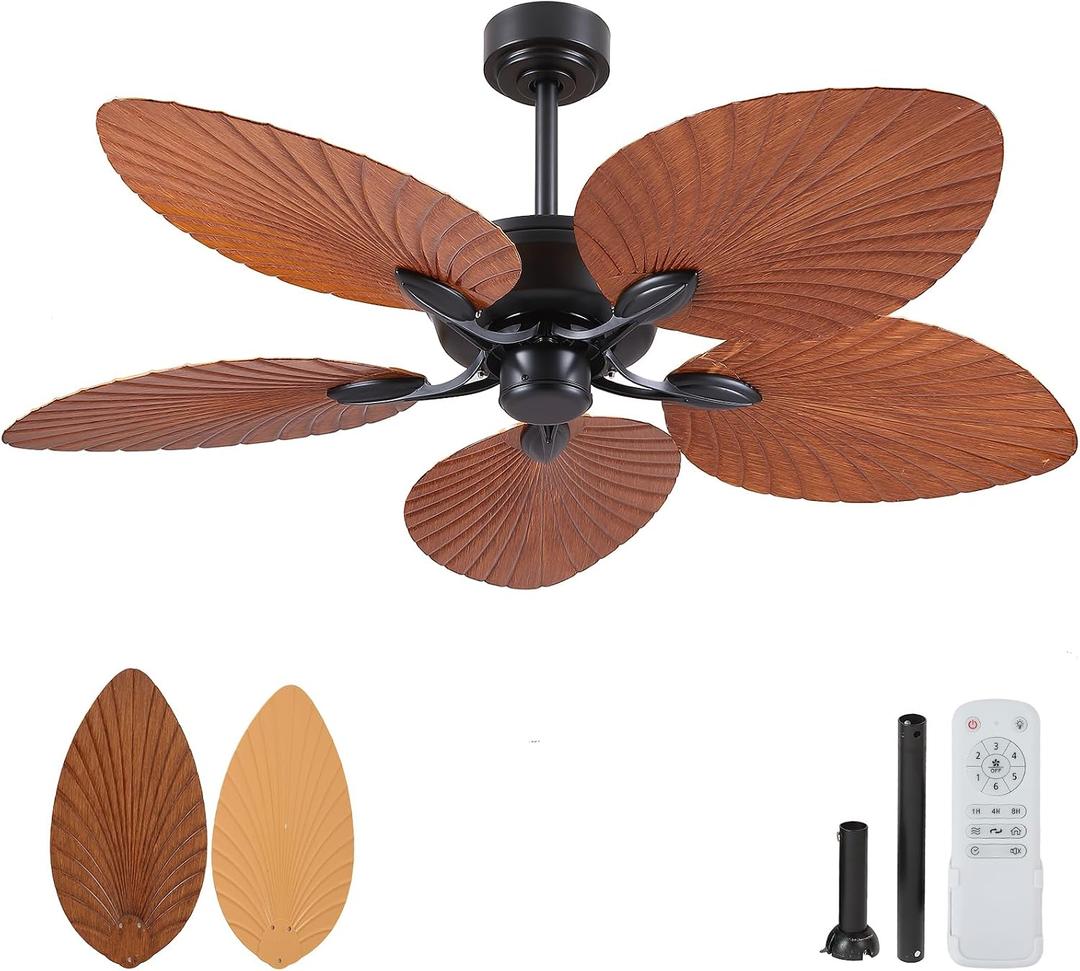 52 Inch Waterproof Outdoor Palm Leaf Ceiling Fans without Lights and Remote
IP44 Wet-rated,6 Wind Speeds, Reversible, 40W Quiet DC Motor,1/4/8H Timer,Suit for Patios Porch Gazebo Pergola