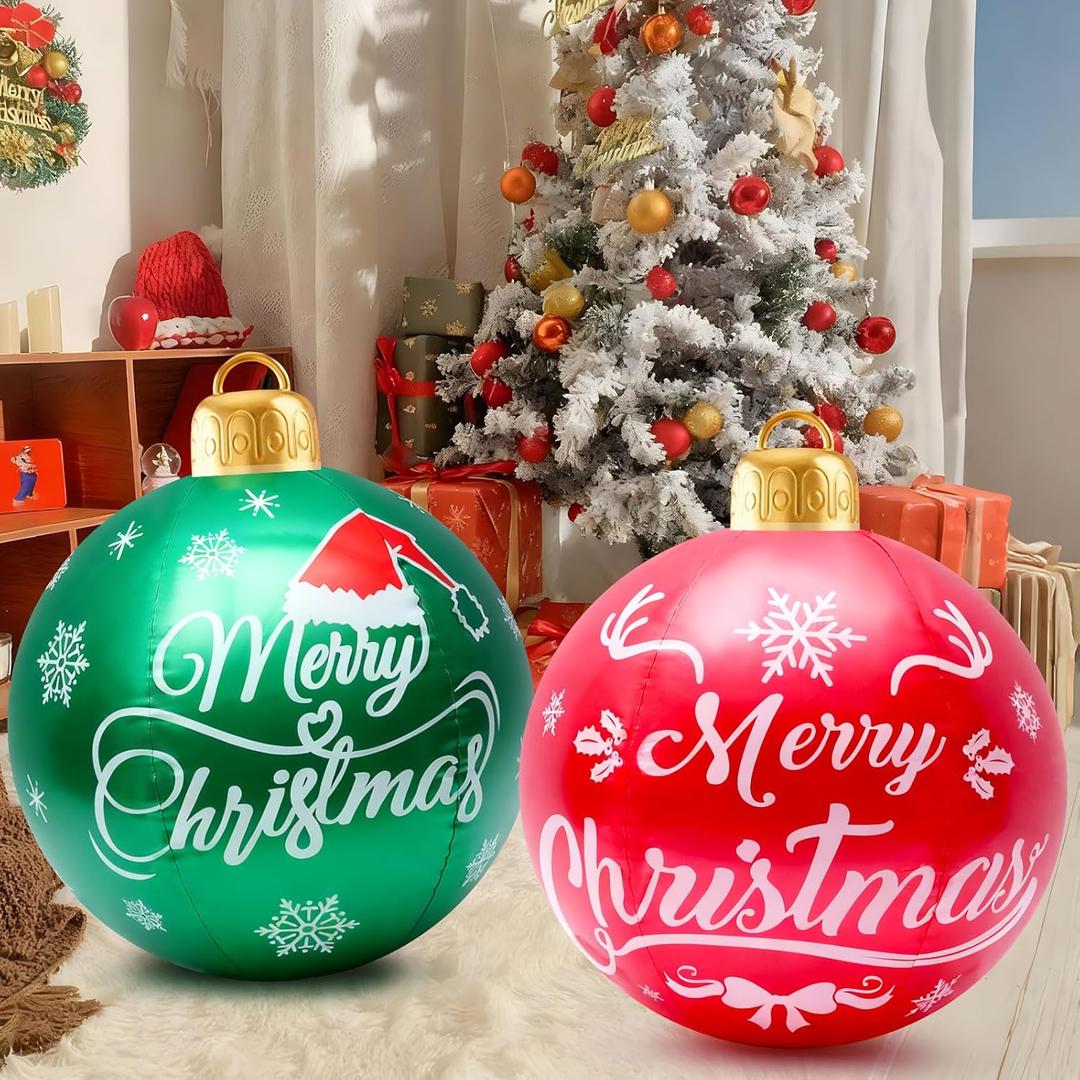 2 Pcs 24-Inch Christmas Ornaments, Large Flocked PVC Decorative Balls Christmas Themed Party Ornaments for Lawn, Garden, Patio and Indoor Decor (Red, Green)
