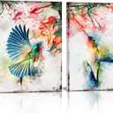 HOMEOART Hummingbirds Wall Art Bird with Flower Picture Canvas Print Framed Artwork Ready to Hang 12x16inchx2 Panels