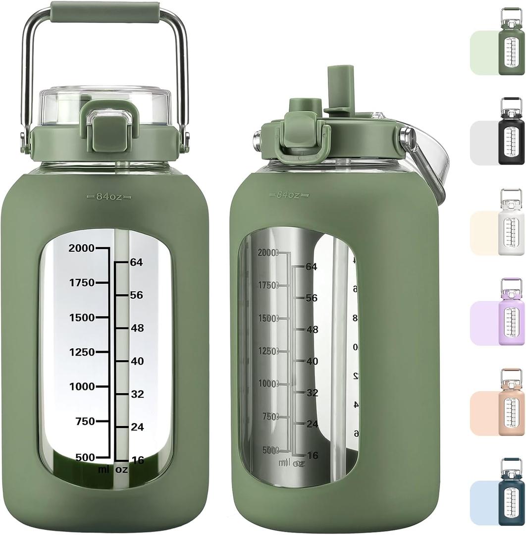 MUKOKO 84oz Glass Water Bottle with Time Marker and Silicone Sleeve 2.5L Water Jug with Stainless Steel Handle Gallon Drinking Bottle with 2-in-1 Lid Wide Mouth BPA Free, Olive