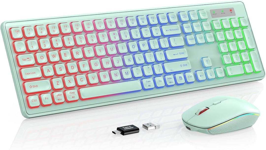 Wireless Keyboard and Mouse Combo - RGB Backlit, Rechargeable & Light Up Letters, Full-Size, Ergonomic Tilt Angle, Sleep Mode, 2.4GHz Quiet Keyboard Mouse for Mac, Windows, Laptop, PC, Mint Green