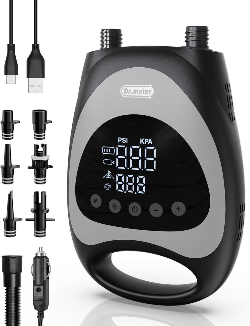 Dr.meter Paddle Board Pump, 20PSI High Pressure 5200mAh Battery Rechargeable & Car Adapter Powered Portable Electric SUP Air Pump with LED Light Auto-Off Inflate Deflate, for Inflatable Kayaks Boats