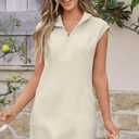 AlvaQ Womens Summer Dresses 2025 Casual Sleeveless Half Zip V Neck Tunic Sweatshirt Mini Dress with Pockets (Beige, M)
