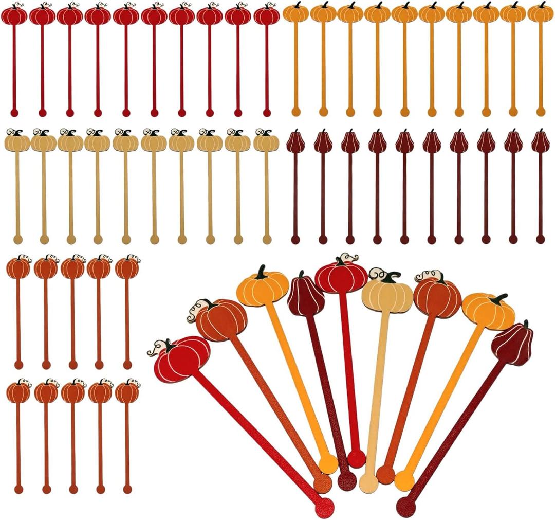 50 Pcs Pumpkin Drink Stirrers Bulk, 5.91 Inch Wooden Halloween Cocktail Picks with 5 Unique Autumn Orange Designs, Fall Party Supplies for Coffee, Beverages, Halloween Decor