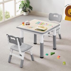 Kids Table & Chairs Set (2 Chairs) Height Adjustable for Ages 2-8 | Non-Slip Toddler Activity Table with Wipe-Clean Desktop, Montessori Learning & Art Drawing Table for Home Preschool (Grey)