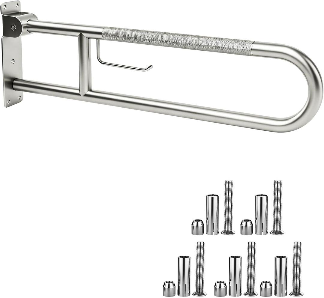 30.3 Inch Toilet Grab Bar, HUAS Brushed Nickel Anti Slip Bathroom Toilet Safety Rails, U Shaped Flip-Up Handicap Grab Bars w/Paper Holder, Stainless Steel Support Handrail for Elderly Disabled Senior