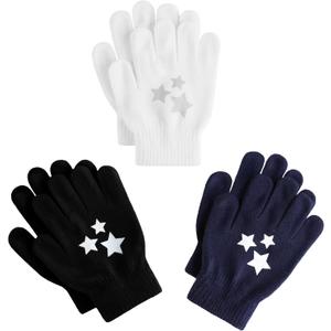 Glooarm 3 Pairs Kids Gloves Winter Gripper Knit Magic Gloves Stretch Warm Cold Weather Gloves for Boys Girls 4-12 Years (Pentacle Printing)