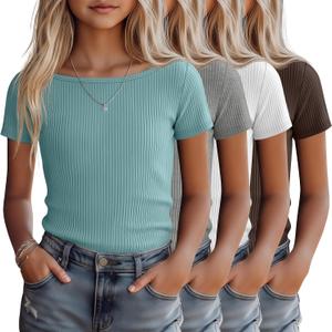 4 Pack Girls Short Sleeve Shirts Ribbed Knit Cotton Boat Neck Slim Fit Tops Basic Casual Cute Tees for 5-14 Years
