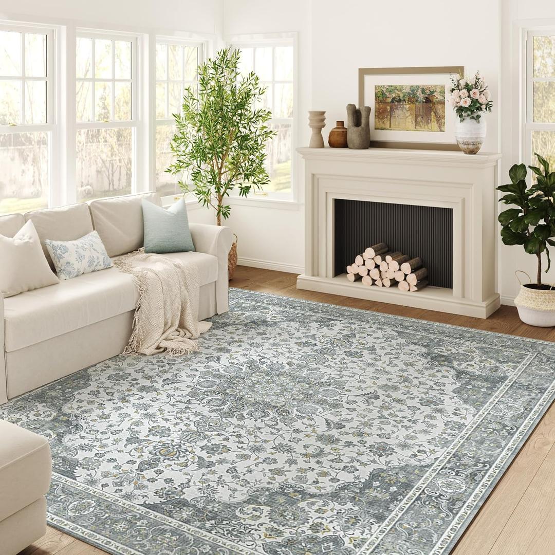 jinchan Area Rug 8x10 Vintage Washable Floral Rug Retro Distressed Non Slip Accent Floor Cover Thin Indoor Boho Soft Carpet for Living Room Bedroom Dining Room Grey
