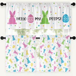 Easter Kitchen Curtains 24 Inch LengthDurable Floral Easter Kitchen Curtains 3 Piece Set, Vibrant Colors Rabbit Eggs Kitchens Window Curtain Over Sink for Kitchens Decor Blackout (54"W x 24"L (Pack of 1))