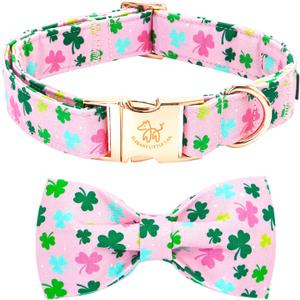 Elegant little tail St Patrick's Dog Collar, Lucky Colver Cotton Shamrock Pet Collar Trefoil Puppy Collar Bow Holiday Adjustable Cotton Pet Collar with Bow for Small Medium Large Dogs