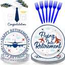96Pcs Flying into Retirement Party Decorations Pilot Happy Retirement Plates and Napkins Sets Blue Airplane Retired Pilot Decoration for Men Airplane Congratulations Retired Party Supplies Serves 24