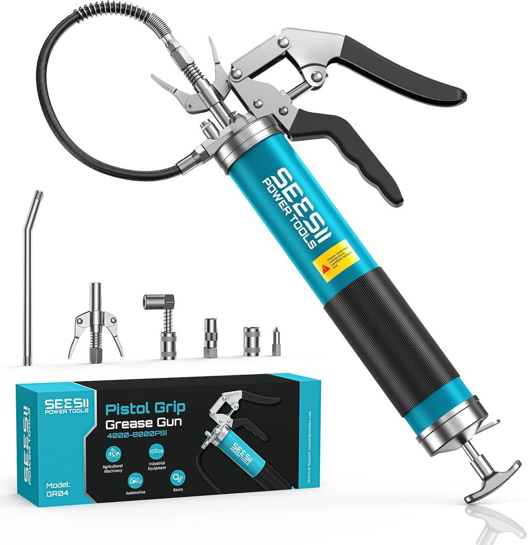Seesii Upgraded 8000PSI Grease Gun Kit: Heavy Duty Pistol Grip Grease Gun with 14oz Capacity, Quick-Release Coupler, 90Adapter, Flexible Hose, Rigid Pipe for Automotive, Agricultural, Industrial