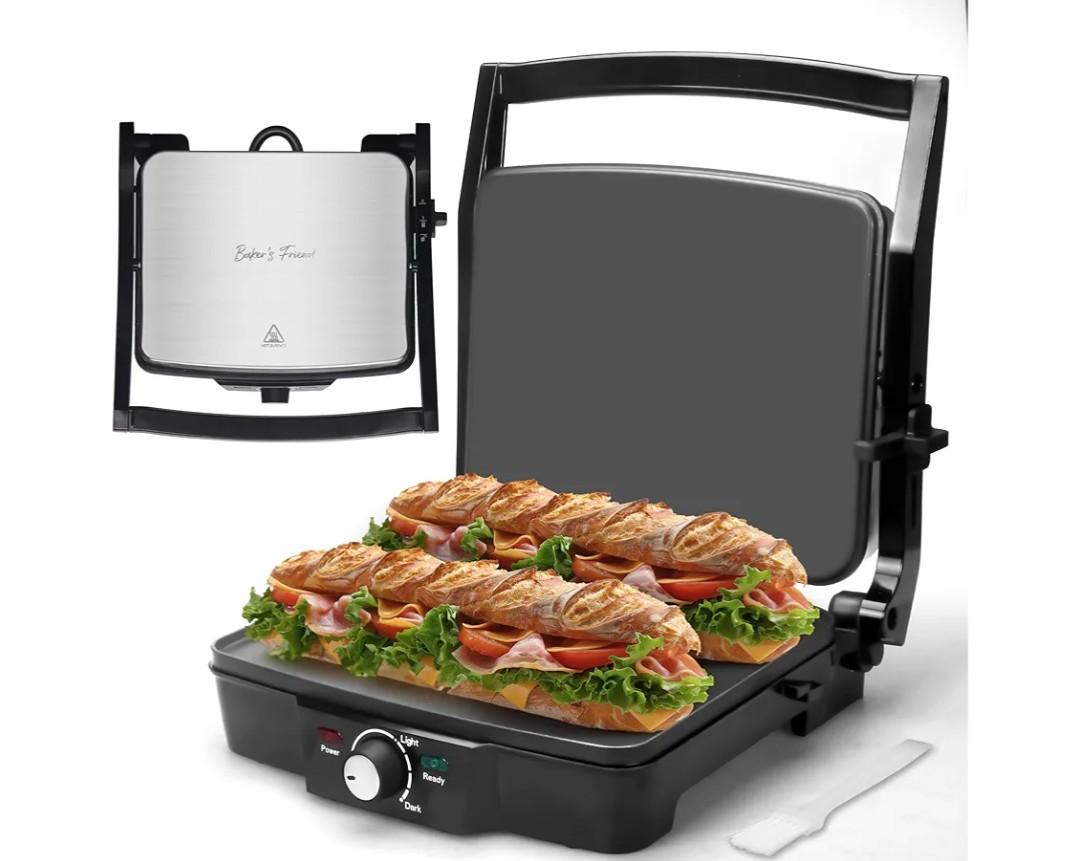 Baker's Friend Panini Press Electric Griddle, Panini Grill Press Sandwich Maker Press, Grilled Cheese Maker, Sandwichera Electrical, Browning Control, Non Stick Surfaces, 4-Slices, Stainless Steel