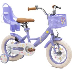 Girls Bike with Basket for Toddlers and Kids Aged 3-14, 12 14 16 18 Inch with Training Wheels, 20 Inch with Kickstand & Rear Rack, Princess Style Bicycle with Doll Seat & Daisy Prints for Gift (Purple)