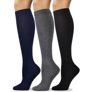 COTTON DAY Women's Soft Combed Cotton Knee High Long Calf Dress Socks Seamless Toe Black White Gray Navy Blue Brown 3 Pack (Medium-Large)