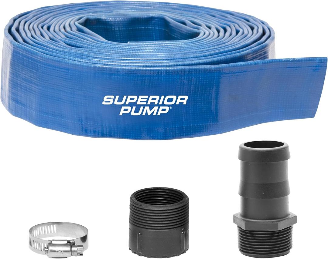 Superior Pump 99621 Lay-Flat Discharge Hose Kit, 1-1/2-Inch by 25-Foot PVC Hose, with Adapters