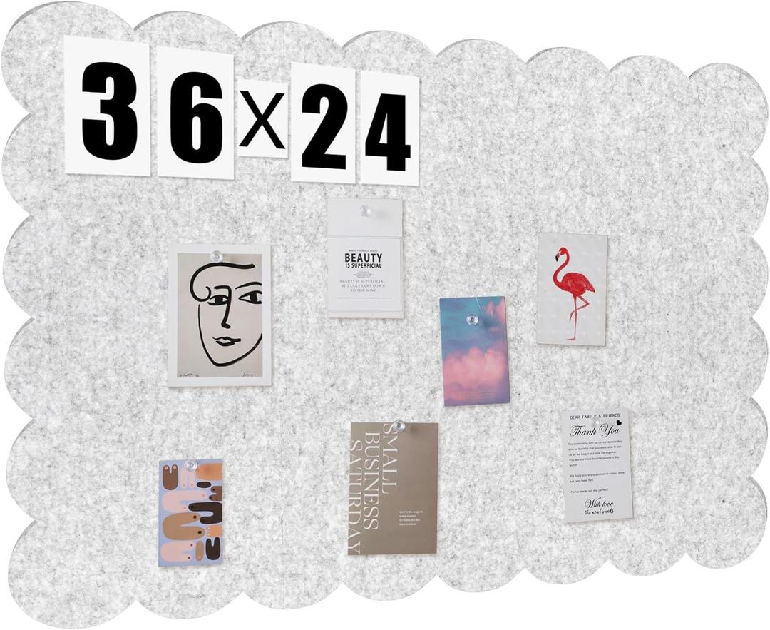 Scalloped Felt Bulletin Board 36 x 24 Inches Foldable Light Gray Pin Cork Board Alternative for Wall, 3' x 2' Trifold Picture Vision Self Adhesive Bulletin Decorative