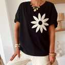 Women's Loose Fit Short Sleeve T-Shirt with Crochet Daisy Solid Color Casual Tops for Daily Wear (Black, M)