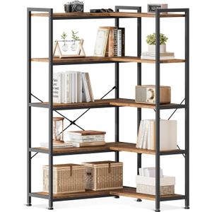 Casaottima Corner Bookshelf 5 Tier, 57 Inches Reversible Book Shelf for Living Room, Industrial Wooden Bookcase with Open Shelves and Metal Frame for Bedroom, Home Office, Kitchen, Rustic Brown (Vintage)