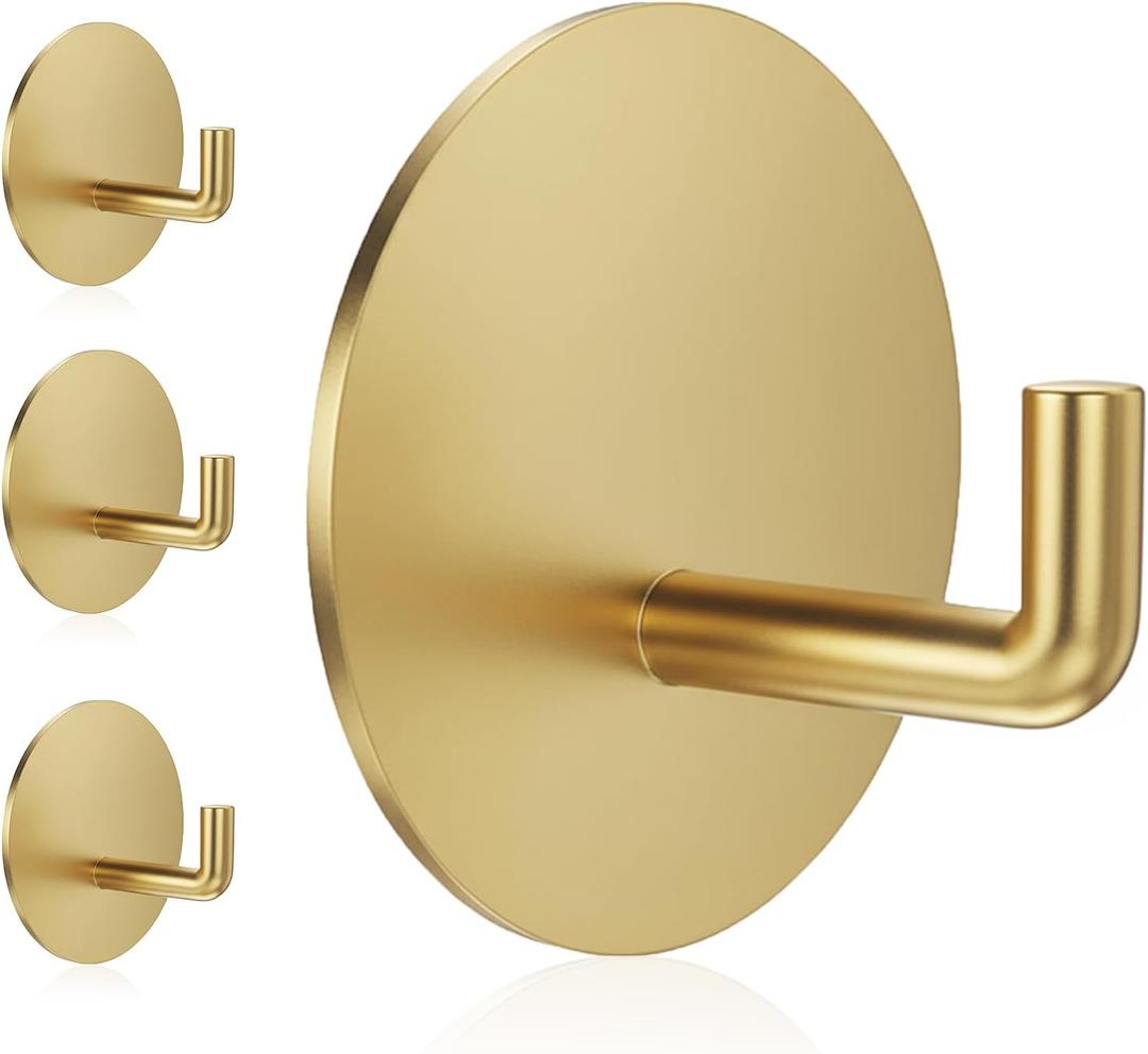 Adhesive Hooks Heavy Duty Waterproof in Shower Hooks for Hanging Loofah, Towels, Clothes, Robes for Bathroom Removable Adhesive Wall Hooks Door Hook Stainless Steel Stick on Hooks 4 Pcs (Gold)