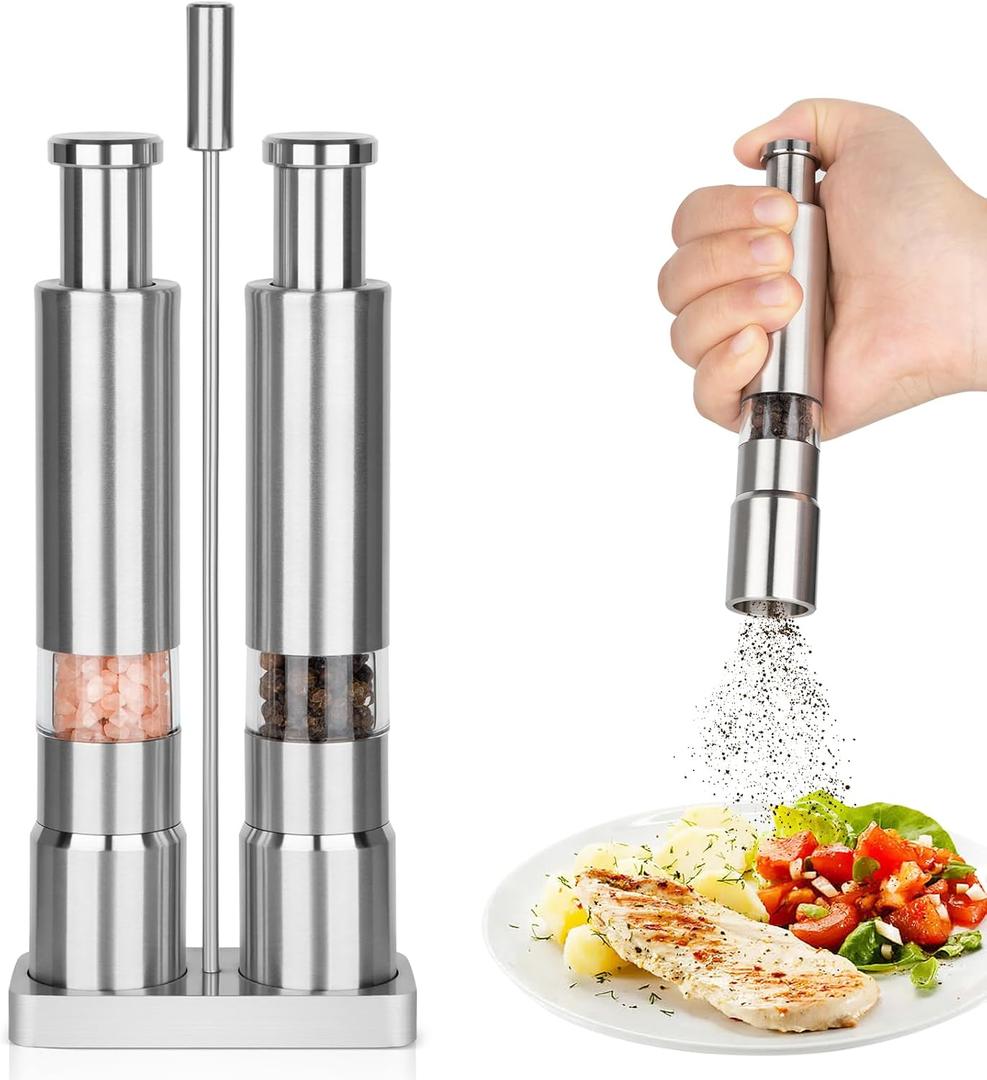 Salt and Pepper Grinder Set,Small Stainless Steel Manual Salt Grinder,Thumb Refillable Mini Salt Grinders Shakers With Base For Kitchen, Home, Travel, Camping, Cooking(Silvery)