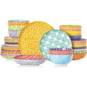 Selamica Ceramic Plates and Bowls Sets,32 Pieces Dinnerware Sets for 8,Scratch Resistant Dish Set for family gathering,Dishwasher & Microwave Safe, Assorted Colors