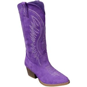 Women's Western Cowboy Boots - Embroidered Ankle Booties with Chunky Block Heel, Side Zipper Suede Cowgirl Boots for Country Concert (6, Purple)