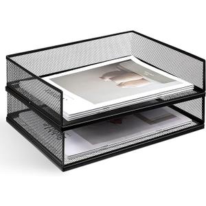 2 Pack Stackable Letter Tray, Wire Mesh Desk File Organizer Metal Desktop Paper Sorter Desk Tray Document Magazine Storage Basket for Home Office Supplies - Transverse Load, Black