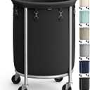 SONGMICS 29-Gallon (110 L) Laundry Basket with Wheels, Rolling Round Heavy-Duty Laundry Hamper Cart with Steel Frame and Removable Bag, 2 Locking Wheels, Ink Black and Metallic Silver URLS002B01