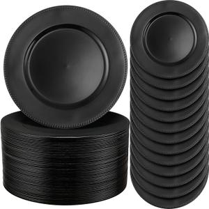 Jinei 100pcs Plastic Charger Plates, 13'' Reusable Dinner Plates with Beaded Edges, Elegant Vintage Style for Weddings, Parties, and Festivals(Black)