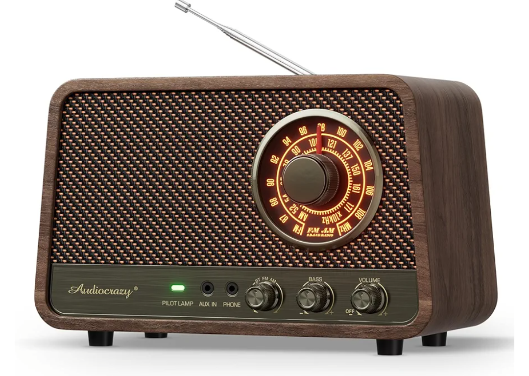Vintage Wooden AM FM Bluetooth Radio with 10 Watts Powerful Sound, Retro Bluetooth Speaker Radio with Softly Glowing Dial, Bass Control, Aux Input, Headphone Jack, for Home, Office, Kitchen