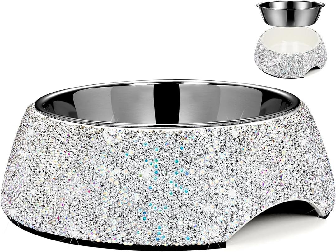 SlowVibes Bling Stainless Steel Dog Bowls,7oz Detachable Rhinestone Metal Food Water Bowl for Feeding Dogs Cats,Rust Resistant Non-Slip Puppy Dish with Gems,Sparkle Essentials for Small Girly Pets