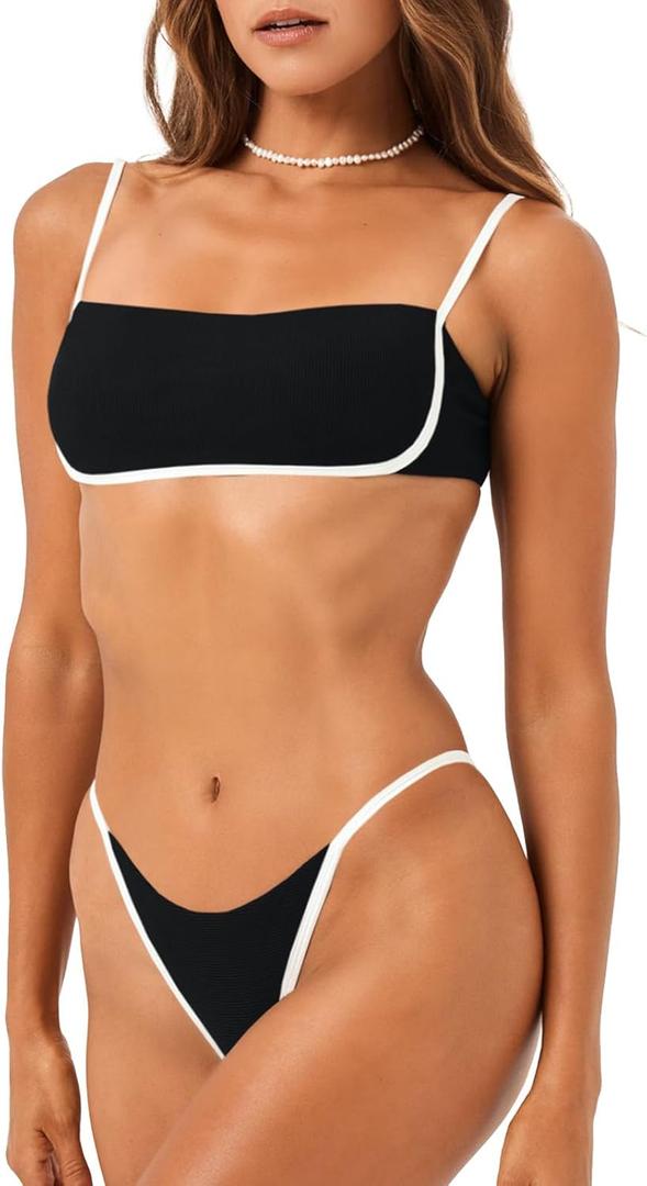 Saodimallsu Womens Bikini Sets Sexy Two Piece Bandeau String Top Thong Bottom Color Block Swimsuits Bathing Suit, Medium