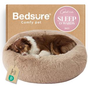 Bedsure Calming Dog Beds Large Sized Dog - Donut Washable Large Pet Bed, 36 inches Anti-Slip Round Fluffy Plush Faux Fur Dogs Bed, Fits up to 80 lbs Pets, Camel